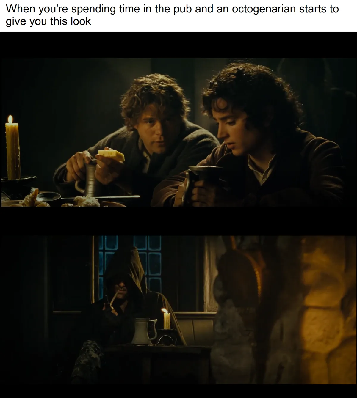 The top panel shows two young men at a candlelit table in a dim pub, one holding a mug and the other a piece of bread, both…