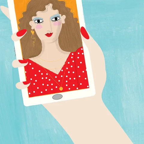 A six-panel illustration shows a hand holding a smartphone displaying a woman's photo. In the first three panels, the phone…