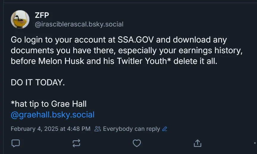 A screenshot of a dark-mode social media post from user ZFP, urging readers to download SSA.GOV documents before fictional…