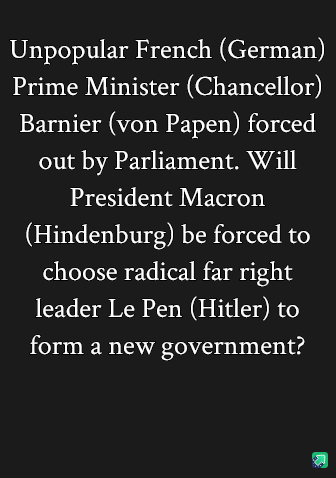 A black background image displays white text comparing French political figures to German historical figures. The text…