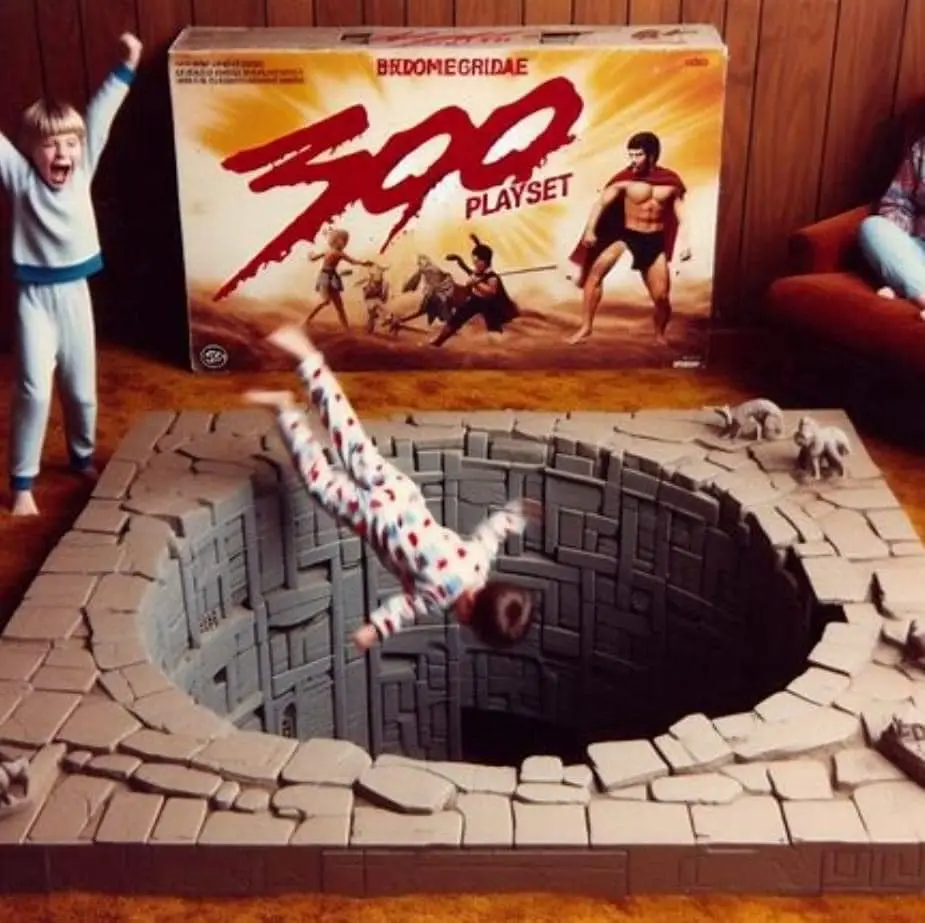 A child in pajamas is mid-air, falling into a large, toy-like pit made of gray plastic blocks, while another child in…
