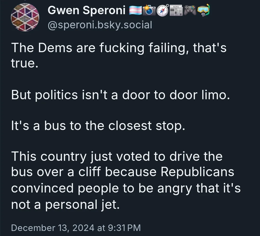 A screenshot of a social media post by Gwen Speroni, featuring white text on a dark background. The post critiques political…