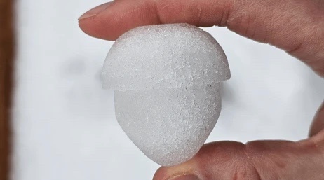 a hand holds a white, frosted, frozen object shaped like an acorn, with the overlaid text reading 'this is a frozen acorn'.