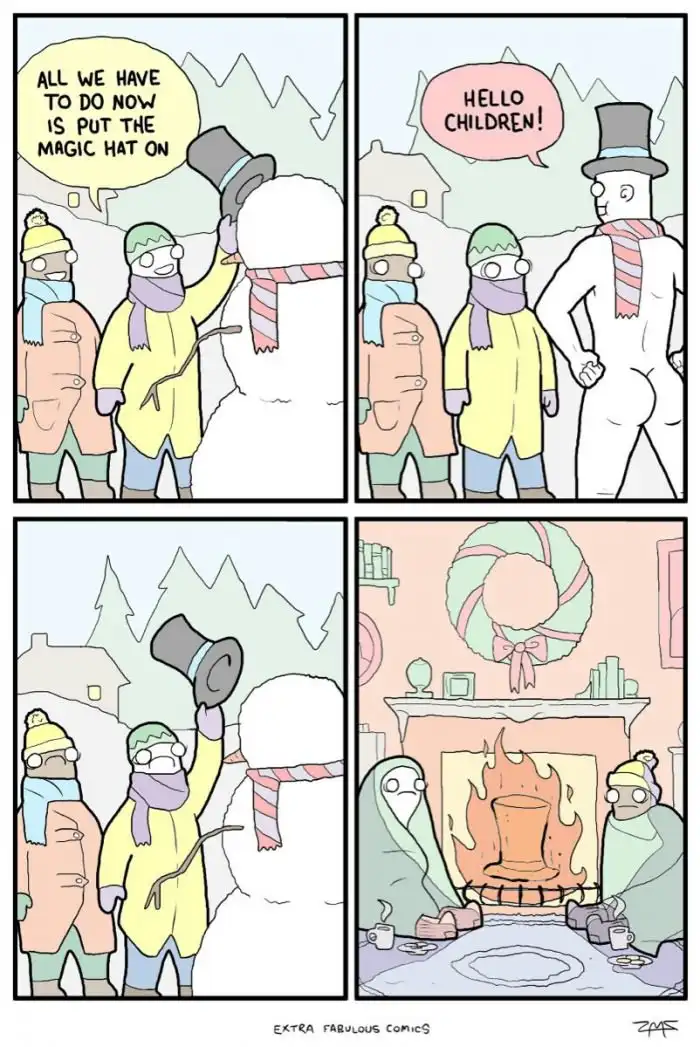 A four-panel comic shows two children building a snowman, placing a top hat on it, and then the snowman magically transforms…