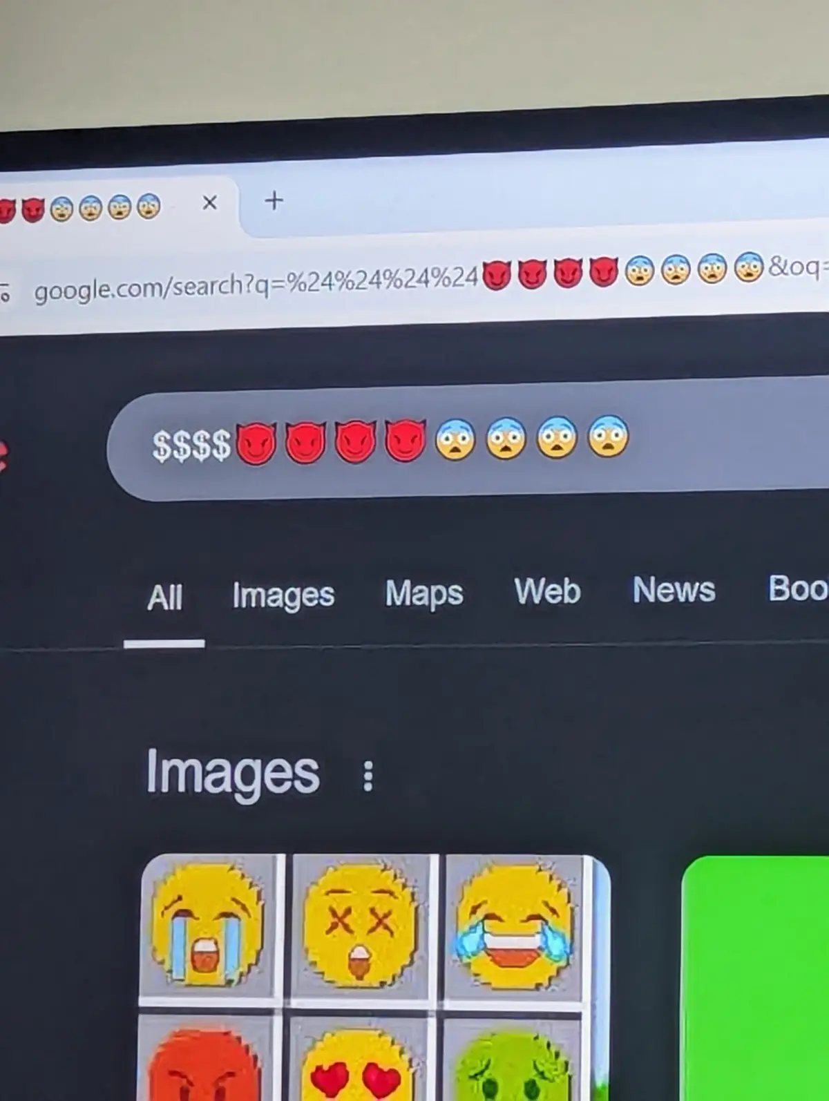 A screenshot of a Google Images search showing the search bar filled with four dollar signs followed by four devil emojis…