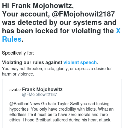A screenshot of an X (formerly Twitter) account suspension notice for Frank Mojohowitz, whose tweet directed at…