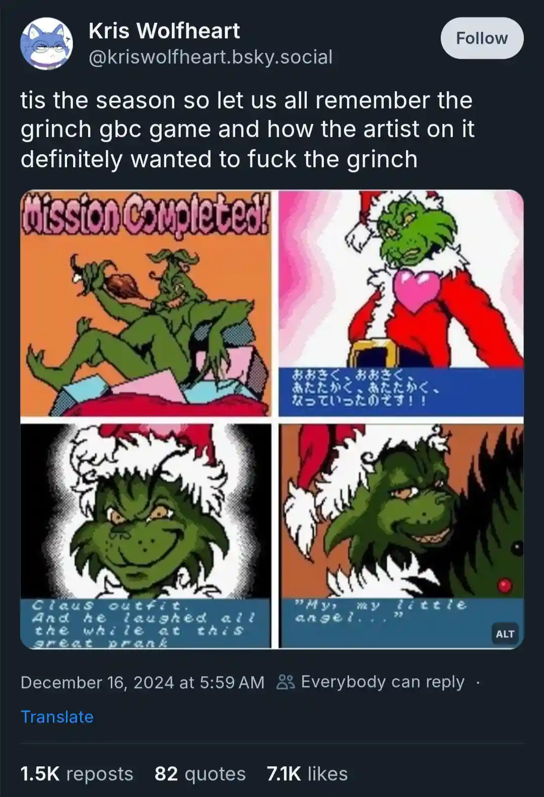 A four-panel comic strip from a Game Boy Color game featuring the Grinch in a Santa outfit. The top-left panel shows him…
