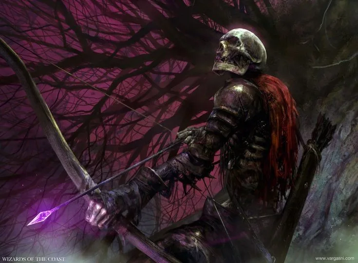 A skeletal archer in dark armor and a red cape stands in a twisted, purple-hued forest, aiming a bow with a glowing purple…