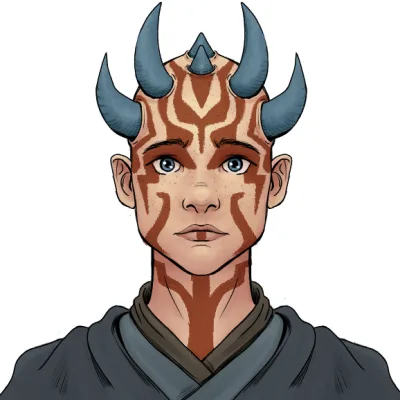 A digital illustration of a character with blue horns and orange-red facial markings, wearing a grey robe, with the text…