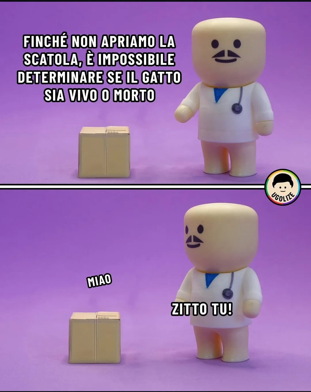 The image is a two-panel meme featuring a beige, blocky figurine dressed as a doctor with a stethoscope. In the top panel…