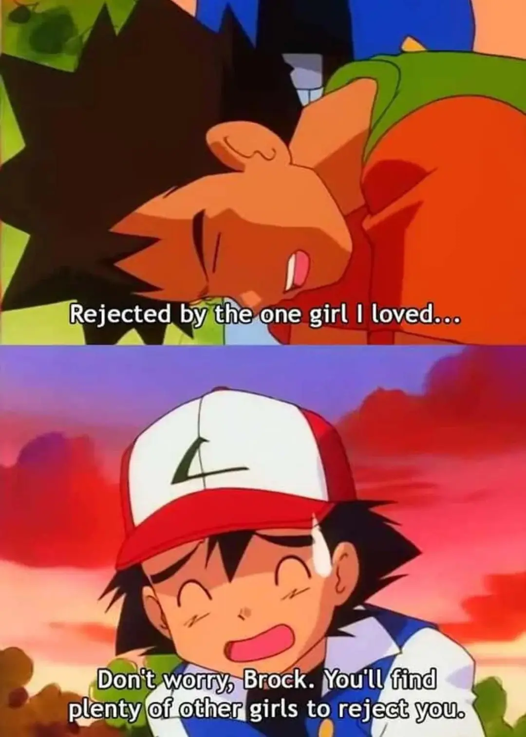 The image is a two-panel meme from the Pokémon anime. The top panel shows Brock, a boy with orange hair and a green shirt…