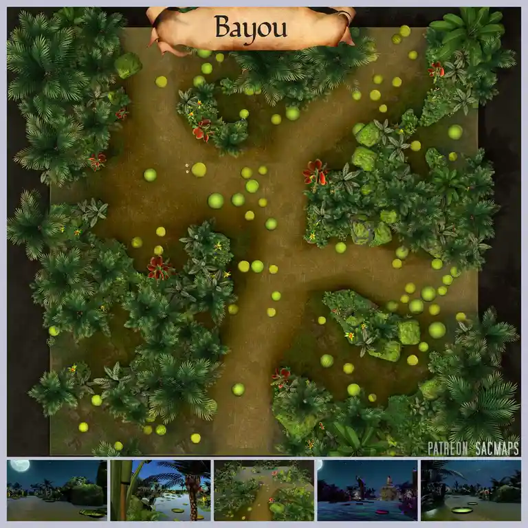 An overhead view of a lush, swampy bayou map with dense green foliage, waterways, and floating lily pads. A parchment banner…