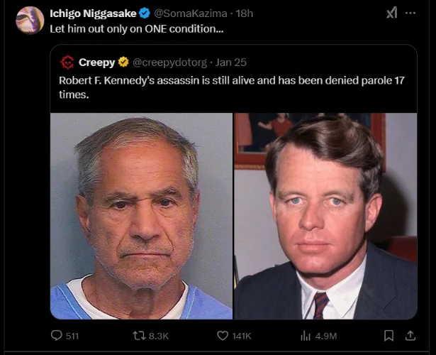 The image displays two side-by-side photos: on the left, an older man in a blue jail jumpsuit, and on the right, a younger…