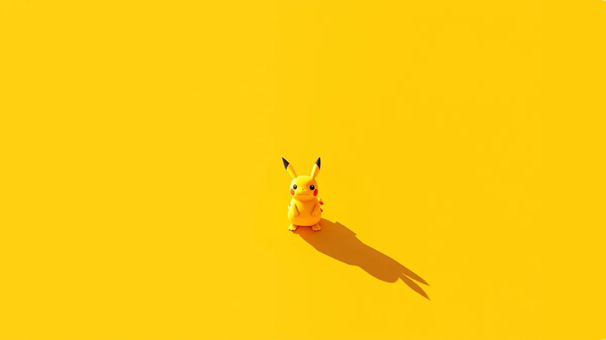 A small, yellow, cartoon-style Pikachu sits alone in the center of a solid yellow background, casting a long, dark shadow to…