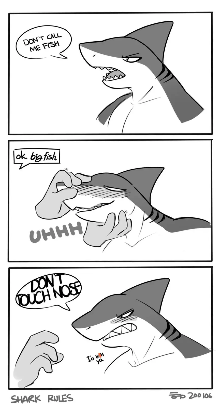 A three-panel comic shows an angry shark first demanding not to be called a fish, then being gently poked on the nose by a…