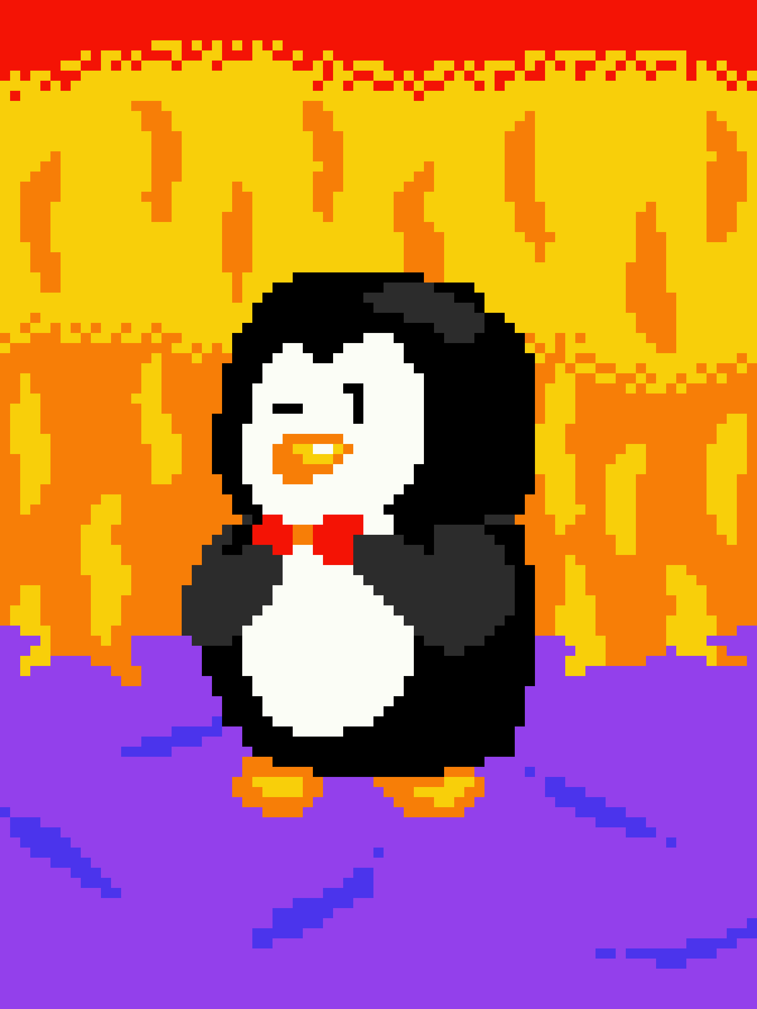 A pixelated penguin wearing a red bowtie stands in purple water with yellow and orange flames rising behind it. The penguin…