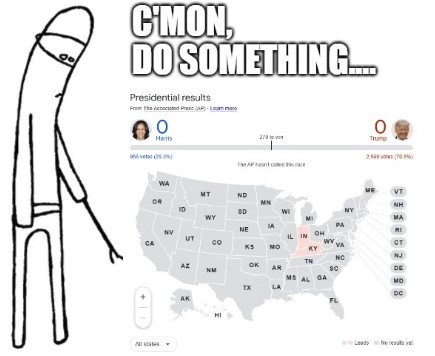 A stick figure wearing a blindfold stands beside a screenshot of a U.S. election map showing Joe Biden (D) leading Donald…
