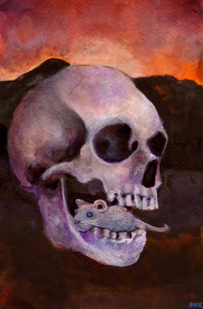 A watercolor painting depicts a large human skull with a small gray mouse with blue eyes nestled in its lower jaw, set…