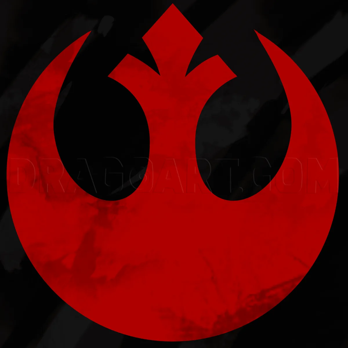 The image displays a red, stylized logo resembling the Rebel Alliance symbol from Star Wars, but with a darker, more…