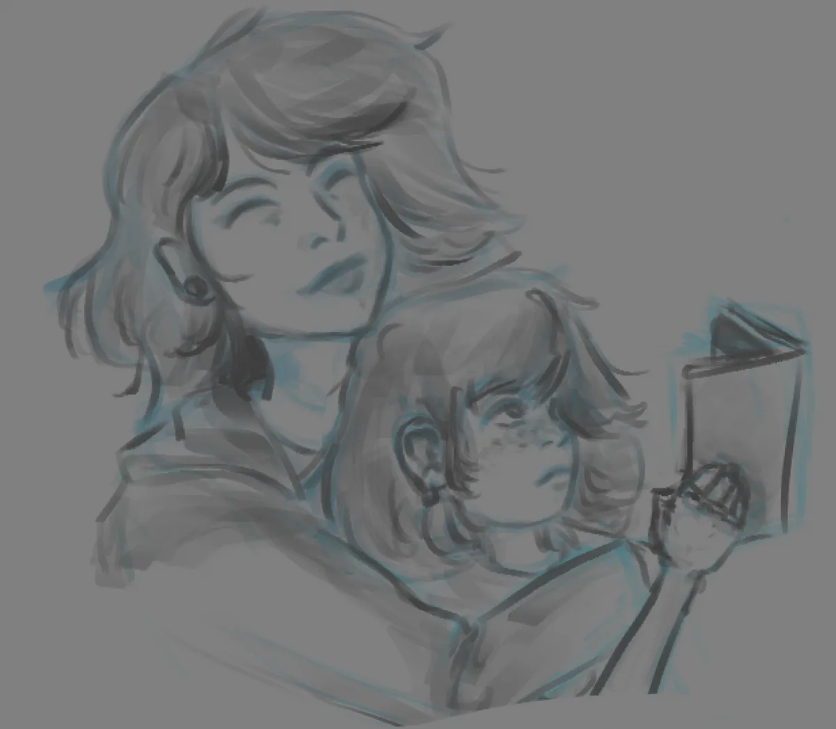 A grayscale sketch shows a woman with short hair looking down at a child who is holding a book and looking up at her. The…
