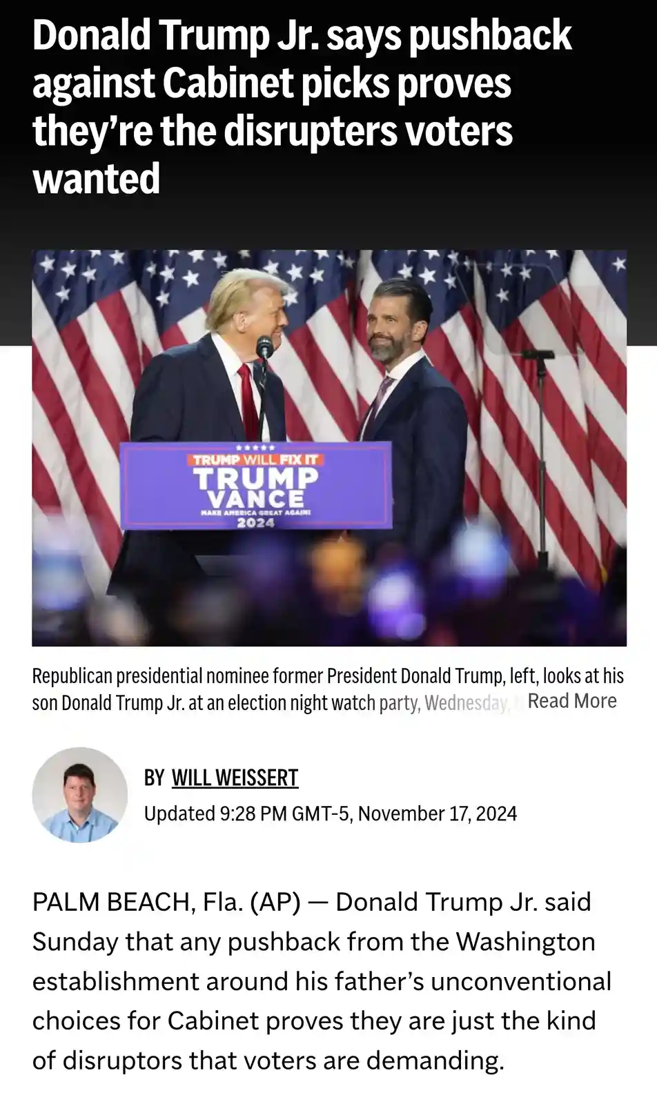 The image shows Donald Trump and his son Donald Trump Jr. standing together at a podium with a 'TRUMP VANCE 2024' sign…