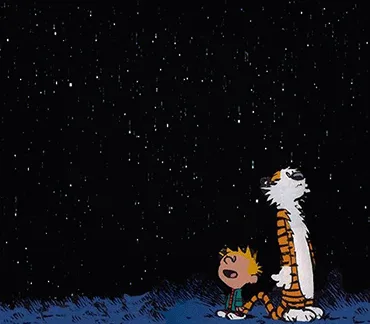 Six panels show Calvin and Hobbes walking under a starry night sky, looking up at the stars. Calvin is smiling and pointing…