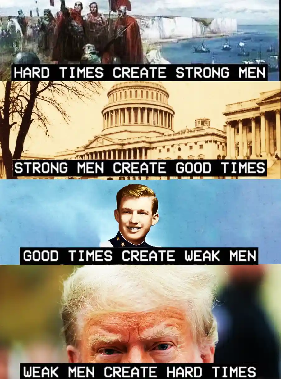 A four-panel meme showing a historical scene, the U.S. Capitol, a young smiling man in uniform, and a close-up of Donald…
