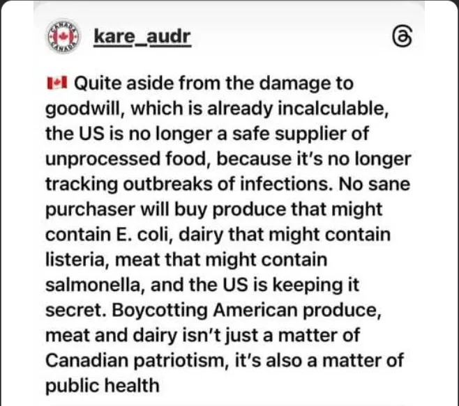 A screenshot of an Instagram post by 'kare_audr' with a Canadian flag emoji, featuring a lengthy text arguing that the US is…