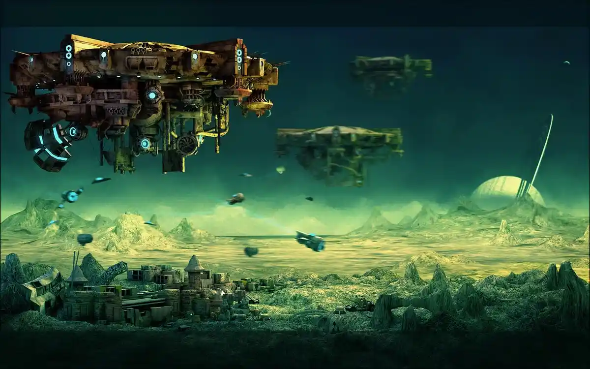 A science fiction scene depicts large, rusty, floating spaceships hovering over a barren, rocky alien landscape with a small…