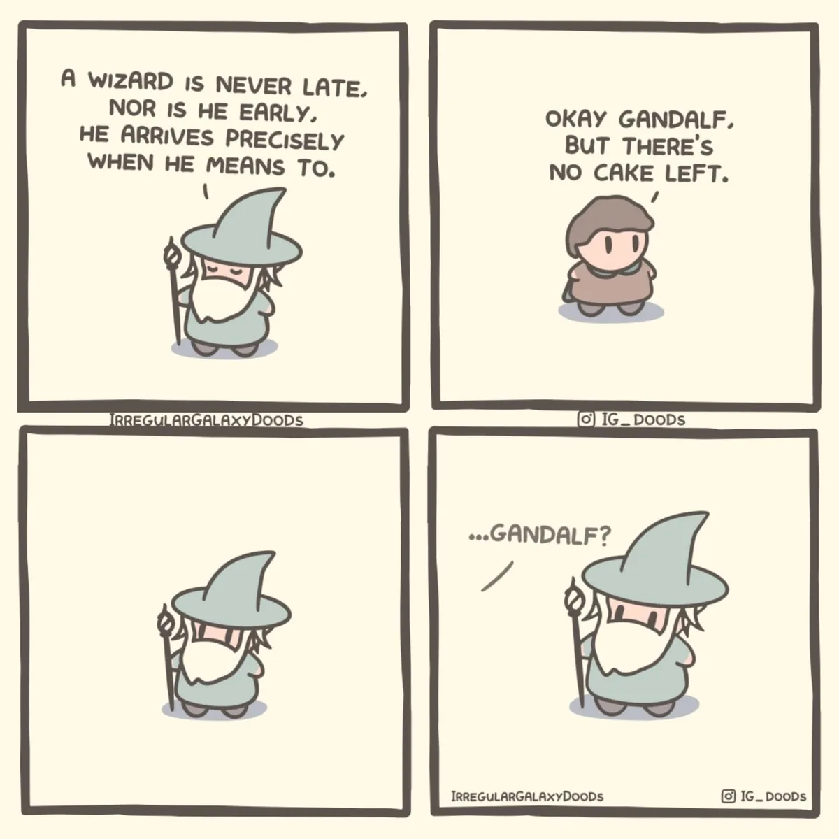 A four-panel comic strip features a cartoon wizard with a staff and pointed hat. In the first panel, he states, 'A wizard is…