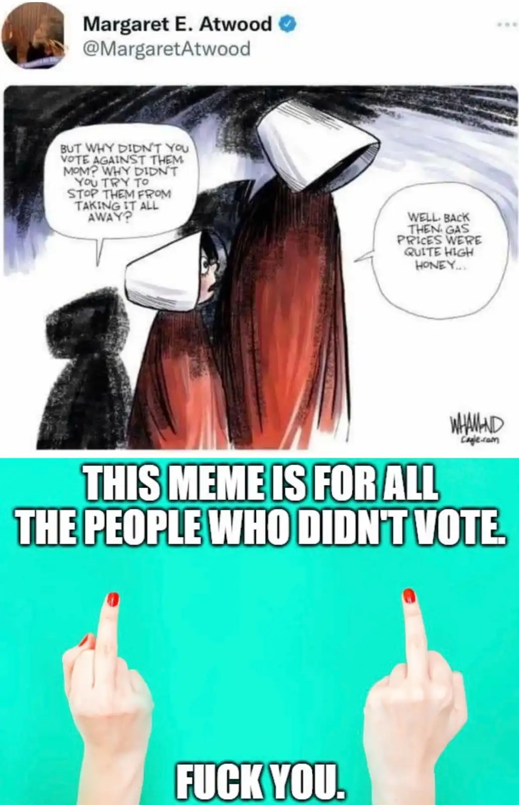 The image is a two-part meme. The top part is a comic strip showing a child in a white bonnet asking their mother, also in a…