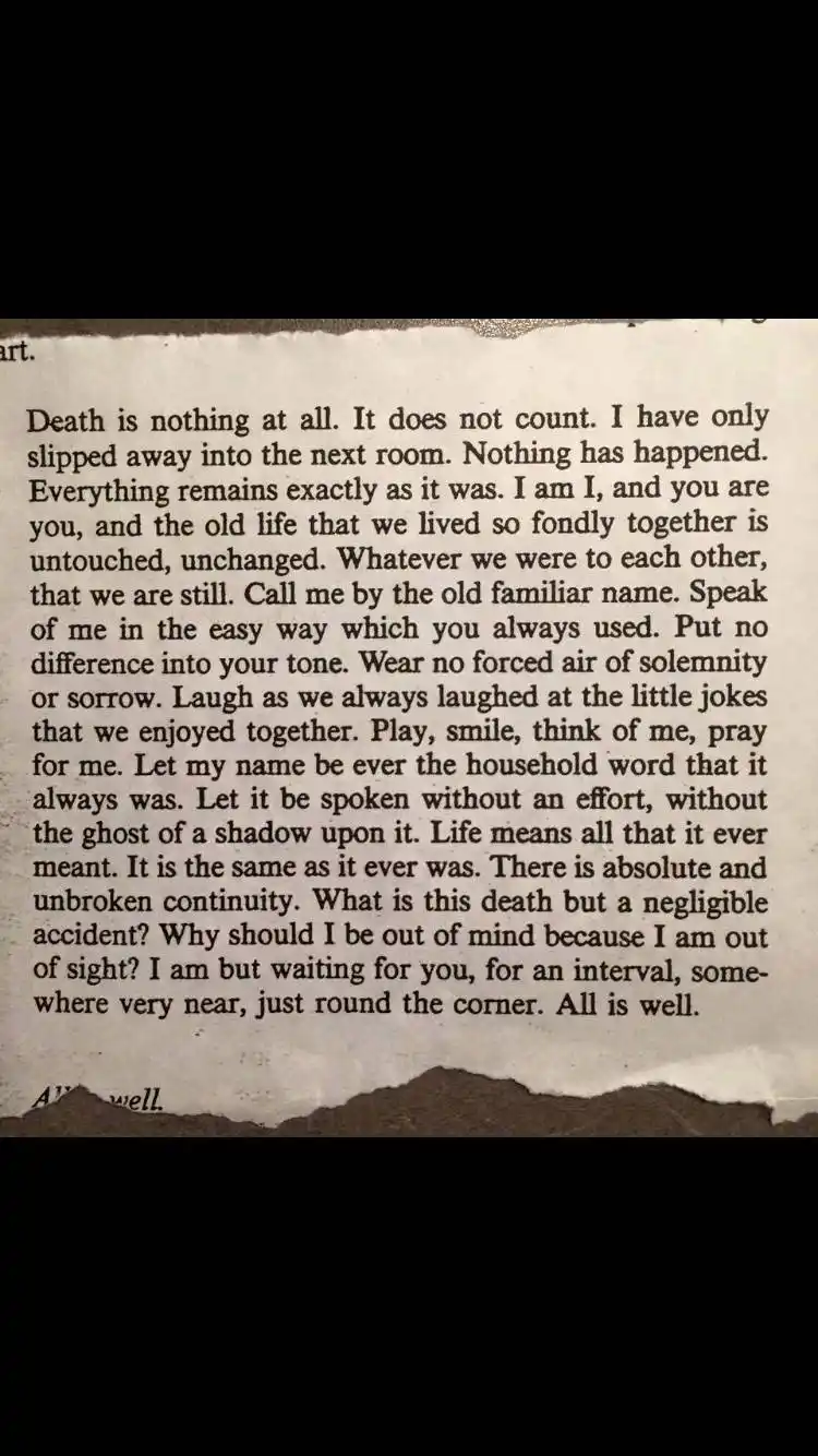 The image displays a vintage-looking, torn paper with a passage of text that reads like a comforting letter from a deceased…