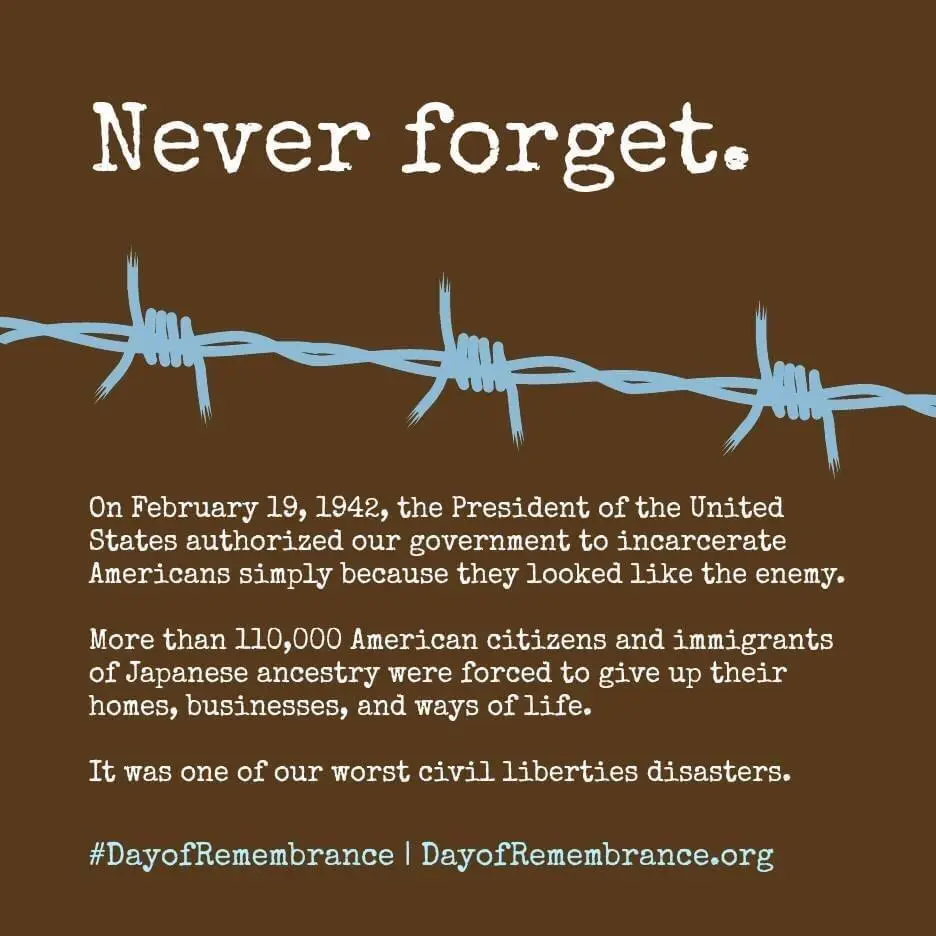 A brown background image features the text 'Never forget.' above a light blue barbed wire graphic. Below, white text…