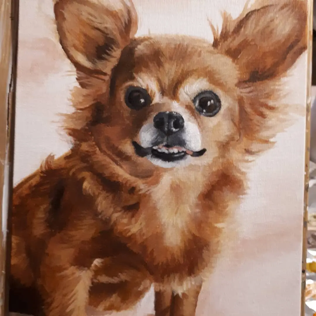 A close-up painting of a small, fluffy brown chihuahua with large ears and expressive eyes, looking directly at the viewer…