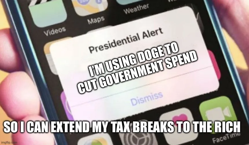 A close-up photo of a smartphone displaying a 'Presidential Alert' notification. The alert has been edited with bold white…