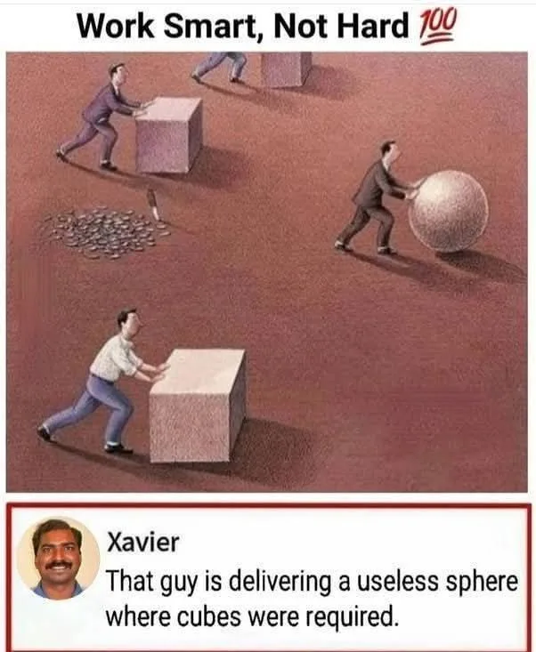 An illustration shows three men pushing large blocks across a dirt field. One man pushes a cube, another pushes a sphere…
