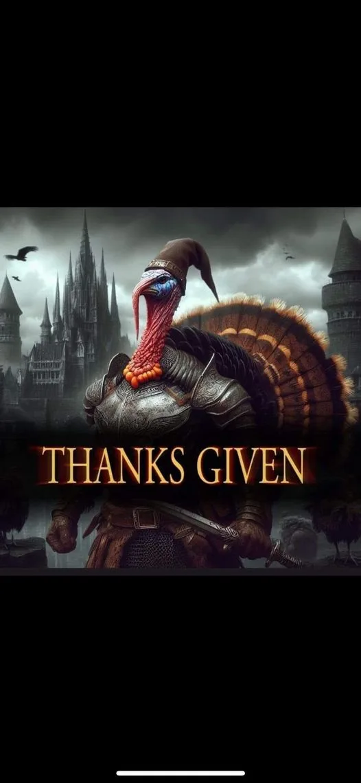 A digitally altered image shows a turkey wearing medieval armor and a pointed hat, standing heroically in front of a dark…