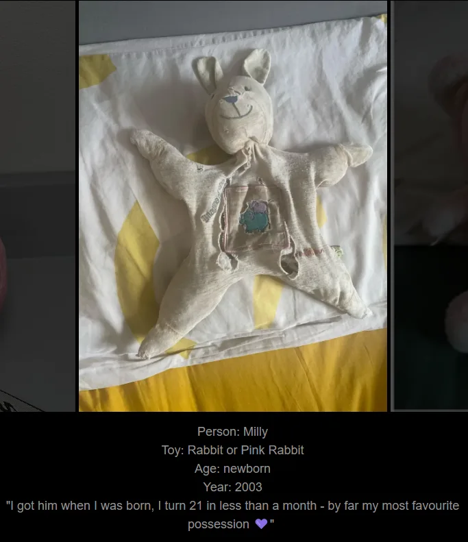A worn, beige stuffed rabbit toy with a smiling face and a small embroidered patch on its chest lies spread out on a white…