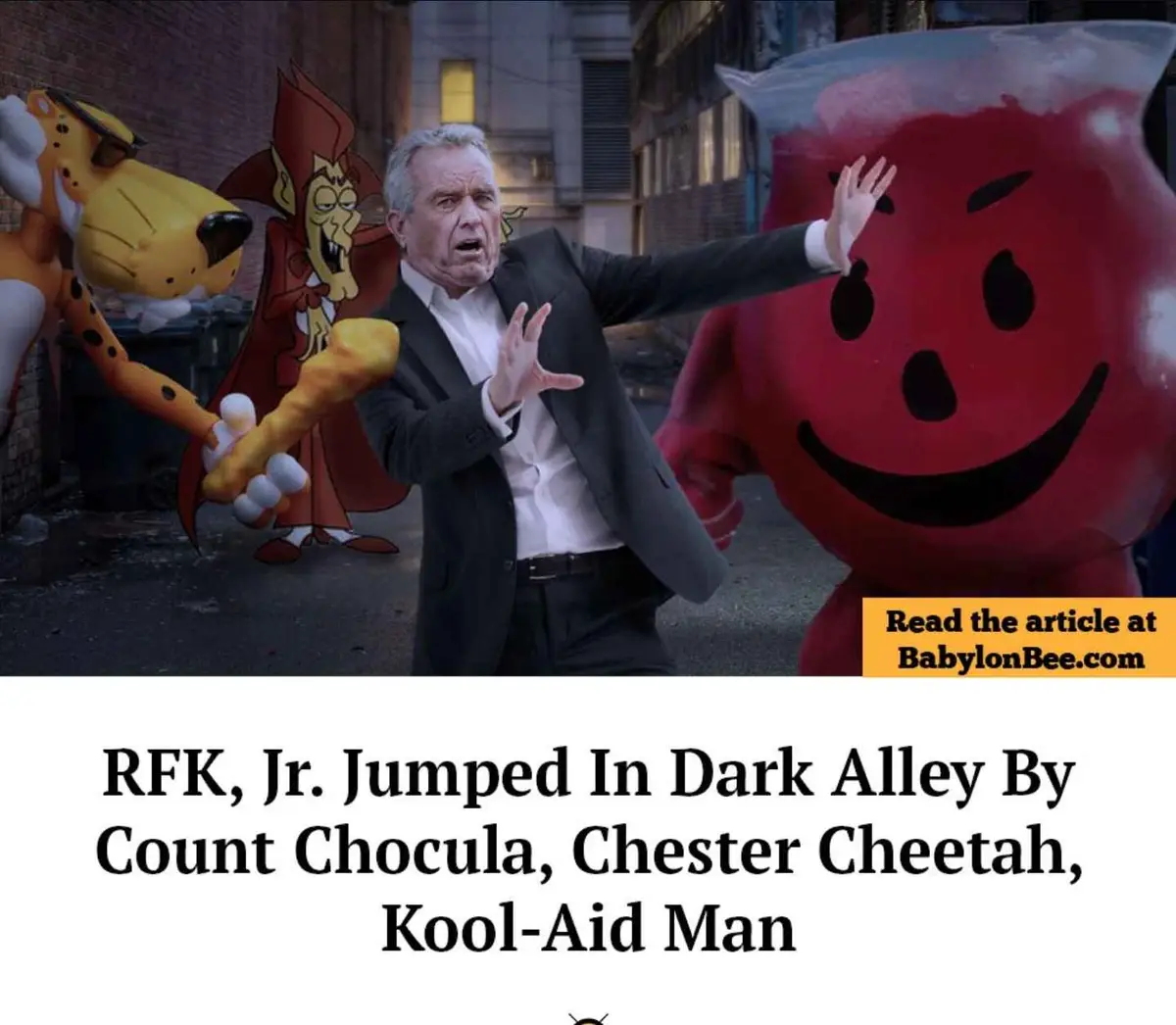 A man in a suit stands in a dark alley with a shocked expression, surrounded by three cartoon mascots: Count Chocula…