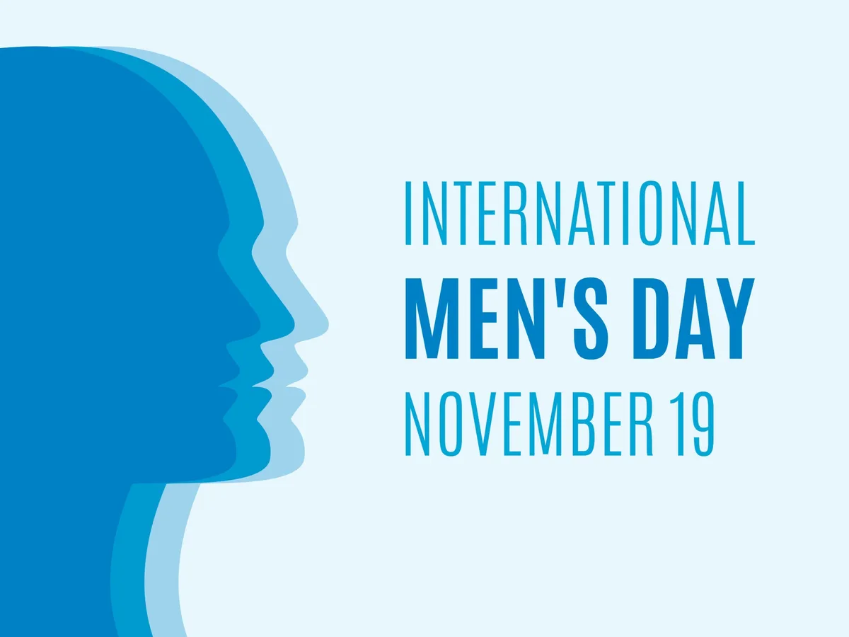 The image displays a graphic with three overlapping blue silhouettes of male profiles facing right, set against a light blue…