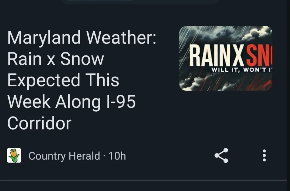 A screenshot of a news article from the Country Herald about Maryland weather expecting rain and snow along I-95, juxtaposed…