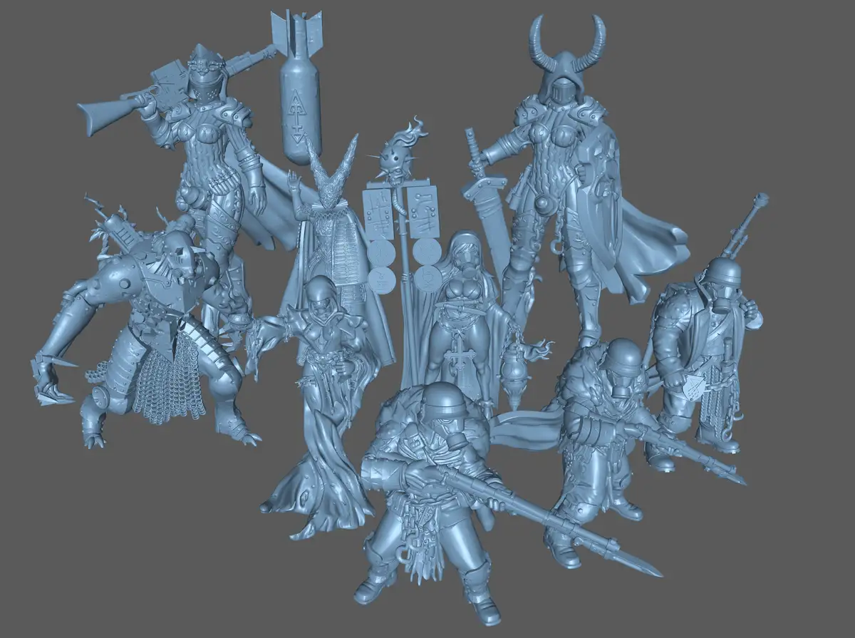 A group of 3D-printed fantasy and sci-fi miniatures, all in a uniform gray un-painted state, are posed together against a…