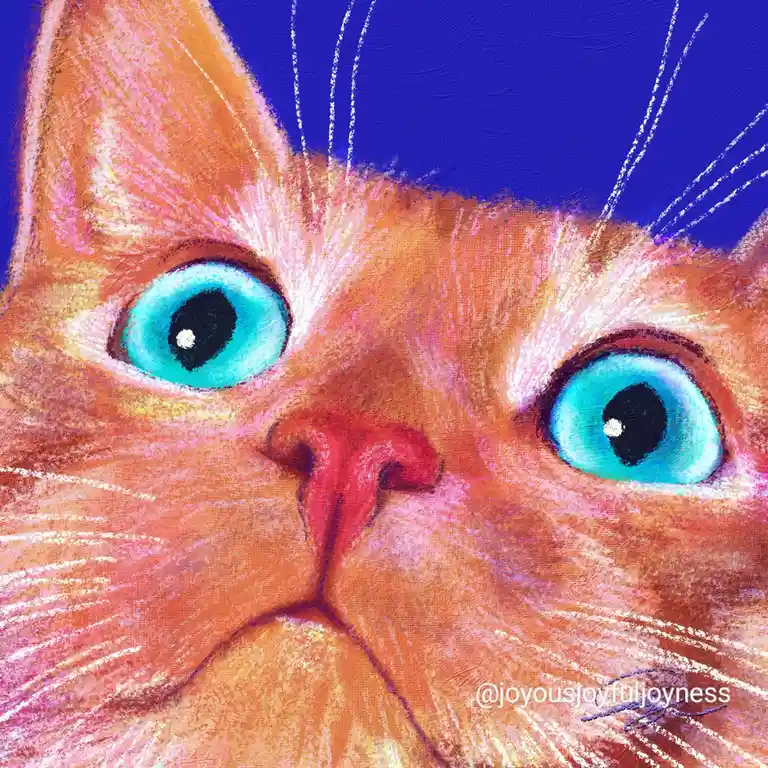 A stylized, colorful painting of a close-up of an orange cat's face with large, bright blue eyes and a red nose against a…