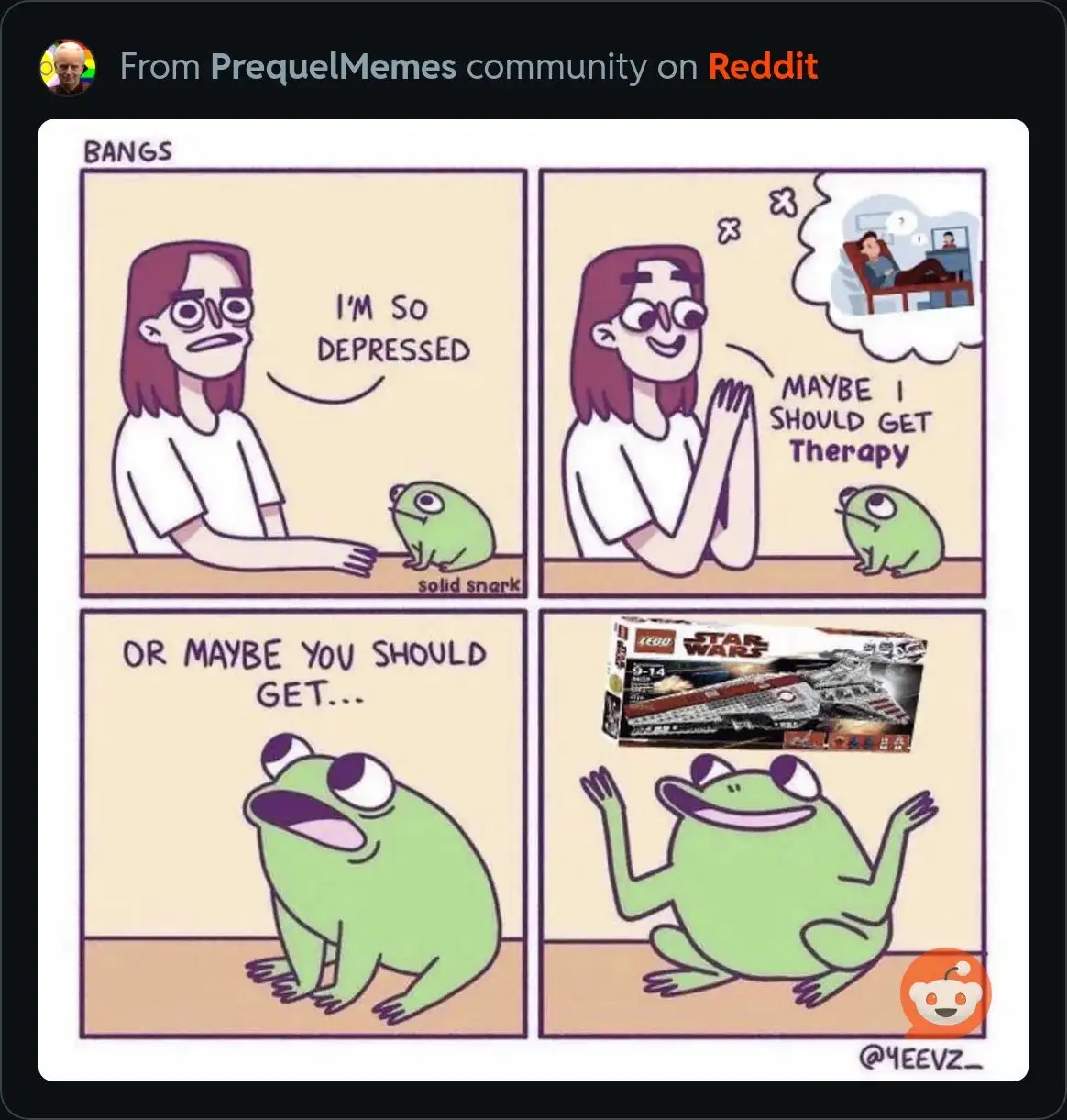 A four-panel comic strip featuring a person and a green frog. The person says they're depressed, then considers therapy, but…