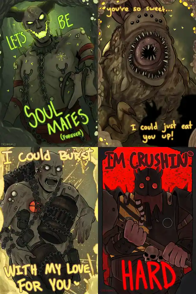A four-panel comic strip featuring grotesque, demonic characters expressing romantic affection through violent or monstrous…