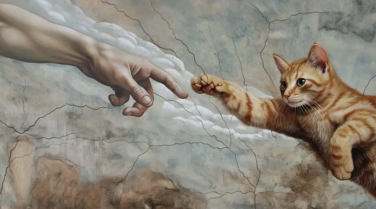 This image is a parody of Michelangelo's 'The Creation of Adam,' where a human hand reaches toward a cat's paw, both…