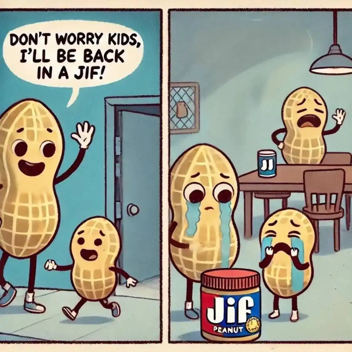 A two-panel cartoon shows an adult peanut saying goodbye to a child peanut with the text 'DON'T WORRY KIDS, I'LL BE BACK IN…
