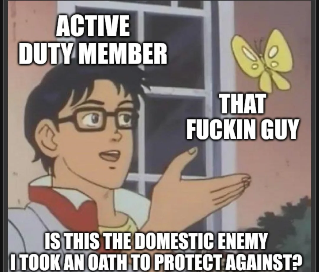 An anime character with glasses points at a yellow butterfly, with text labeling him 'ACTIVE DUTY MEMBER' and the butterfly…
