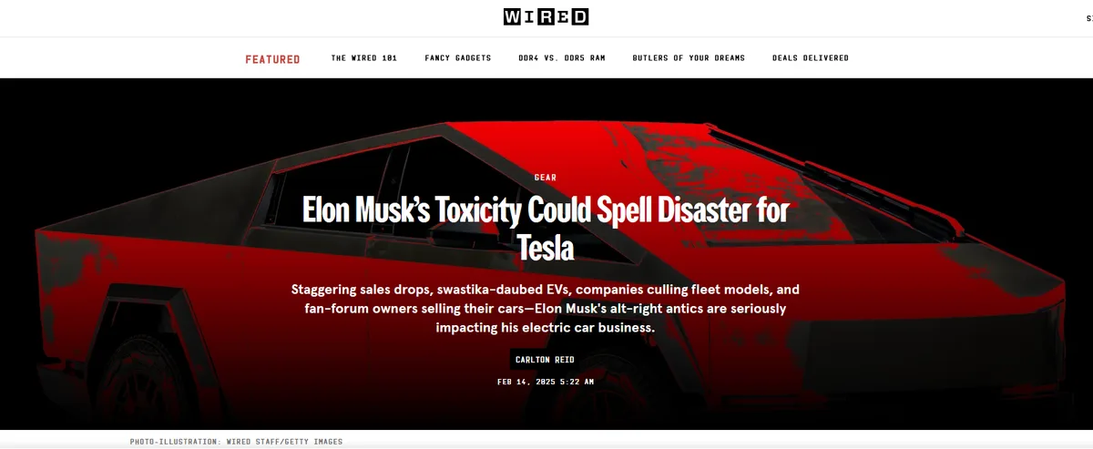 A screenshot of a Wired magazine article cover featuring a red Tesla Cybertruck. The headline reads 'Elon Musk's Toxicity…