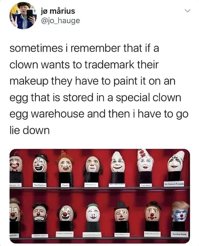 An image shows a display of clown-faced eggs arranged on shelves against a red background, each egg labeled with a name. The…